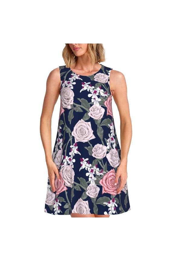 Rose Flowers for Summer Dresses for Women Casual Sundresses Beach Cover Ups Sleeveless Tshirt Swing Dress with Pockets