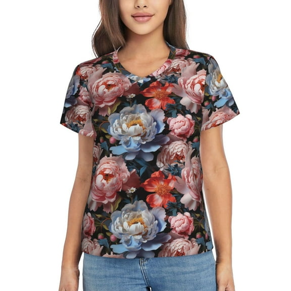 Xecao Rose Flowers for Women's V-Neck T-Shirts-Elegant Half-Sleeve Tops Perfect for Summer-Medium