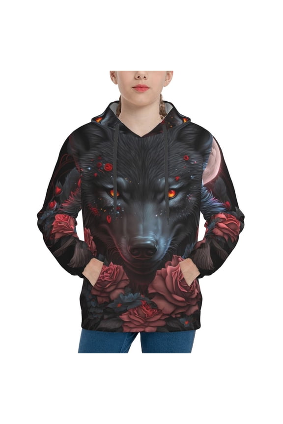 Rose Full Moon Black Wolf Print Youth Hoodie Sweatshirt,Boys Hoodies,Essentials Hoodie-Small