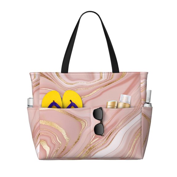 Xecao Rose Gold Glitter Splatter for versatile beach bag for women includes zipper pockets and waterproof material, ideal for vacations and adventures.