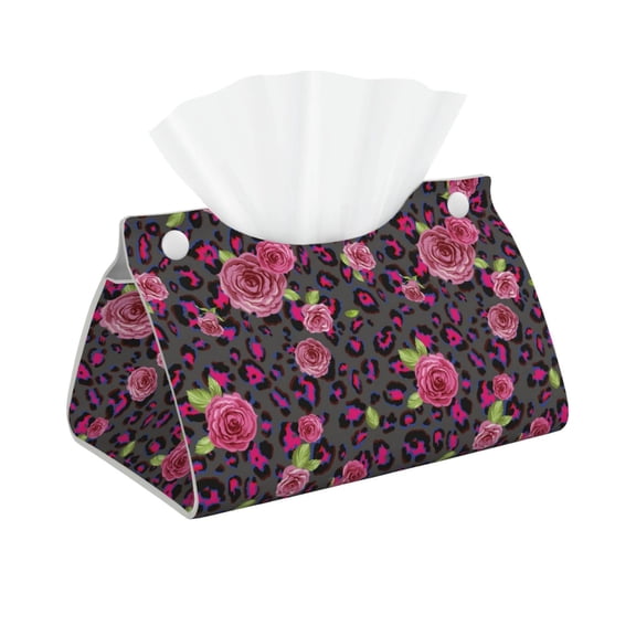 Xecao Rose Mix Leopard 2 Print Tissue Box Cover,Modern PVC Leather Square Tissue Box Holder for Creative Decorative