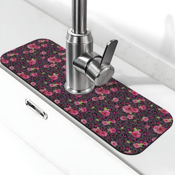 Xecao Rose Mix Leopard 2 for Kitchen Sink Splash Guard Faucet Mat , Faucet Guard & Draining mat, (15" X 5.5" )