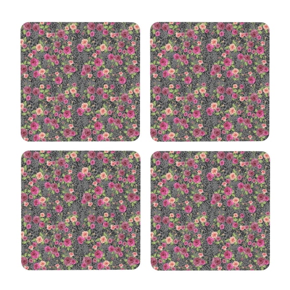 Xecao Rose Mix Leopard for MDF Cork Coaster 4 Pcs,Drink Coasters,Suit for House Warming Gifts New Home ,Coffee Table Decor-Square