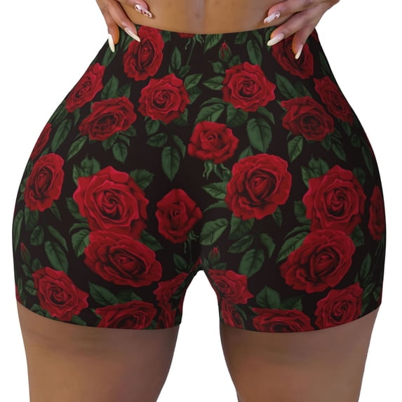 Xecao Rose Print Workout Shorts for Women Soft Smooth Gym Yoga Scrunch Active Tennis Workout Running Shorts