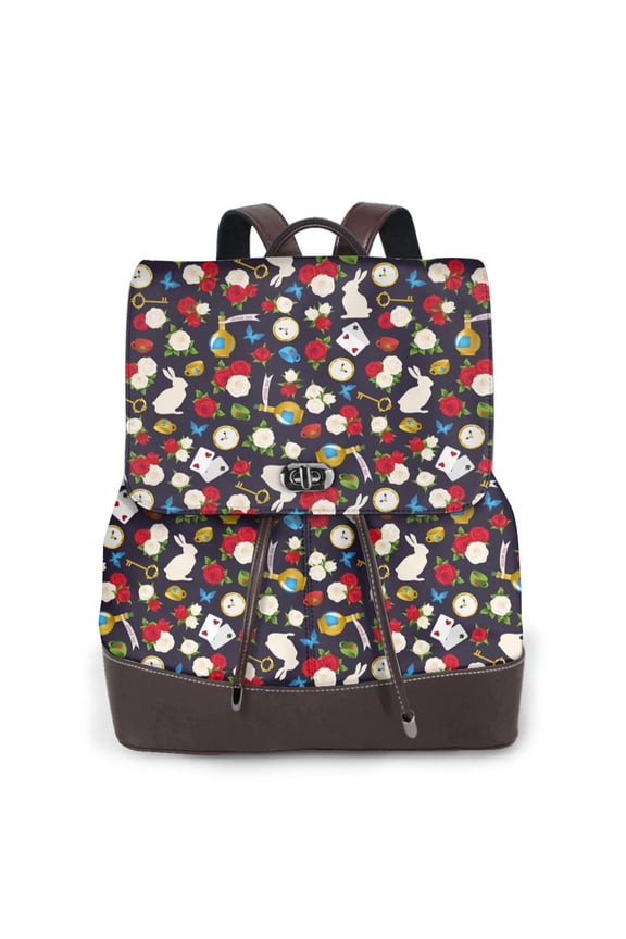 Rose Rabbit Print Large Backpack Soft Leather for Women Travel with Compartment, Adjustable Convertible Strap