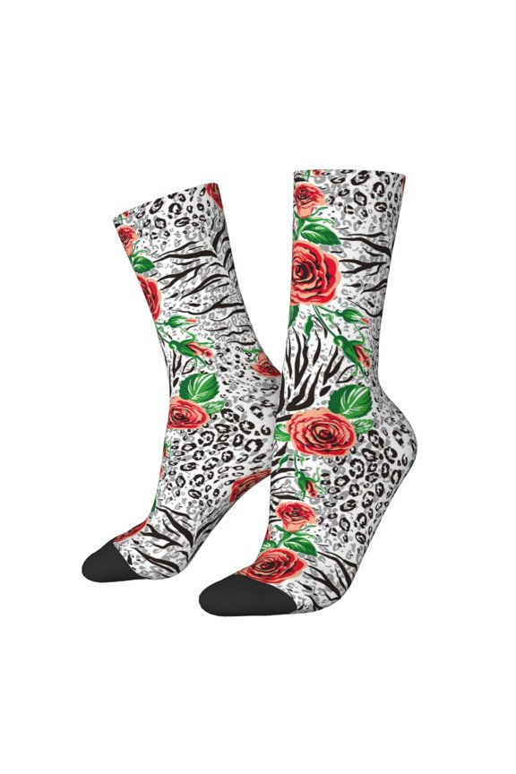 Roses Mixed Zebra 1 Pattern Sport Socks for Women and Men Crew Socks Sporty Calf Socks Casual Socks