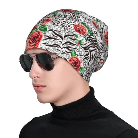 Xecao Roses Mixed Zebra 1 Print Beanie Knitted Hat for Men Women, Winter Fashion Knit Cuffed Caps Unisex