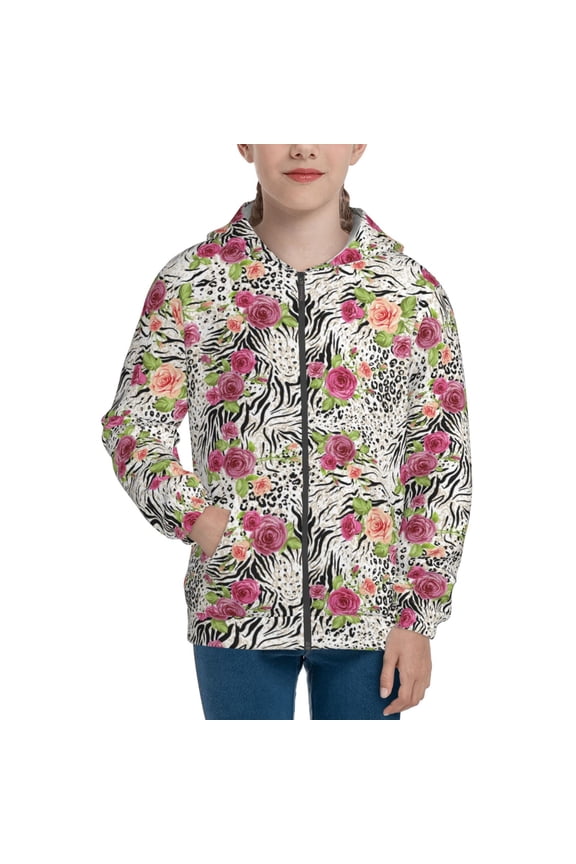 Roses Mixed Zebra Pattern Zip Up Hoodies for Boys Girls, Sweatshirt with Pockets-Small