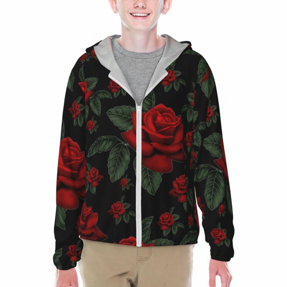 Xecao Roses Print Fishing Shirts for teenager Long Sleeve UV Sun Protection Hoodie with Zipper Outdoor Hiking Shirts-Small