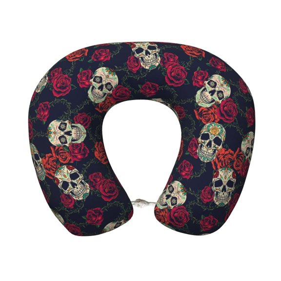 Xecao Roses Skulls Print Memory Foam Cervical Neck Pillow Versatile U-Shaped Pillows for Home,Office,Camping,Travelling,Soft Washable Cover