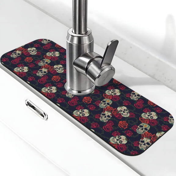 Xecao Roses Skulls for Kitchen Sink Splash Guard Faucet Mat , Faucet Guard & Draining mat, (15" X 5.5" )