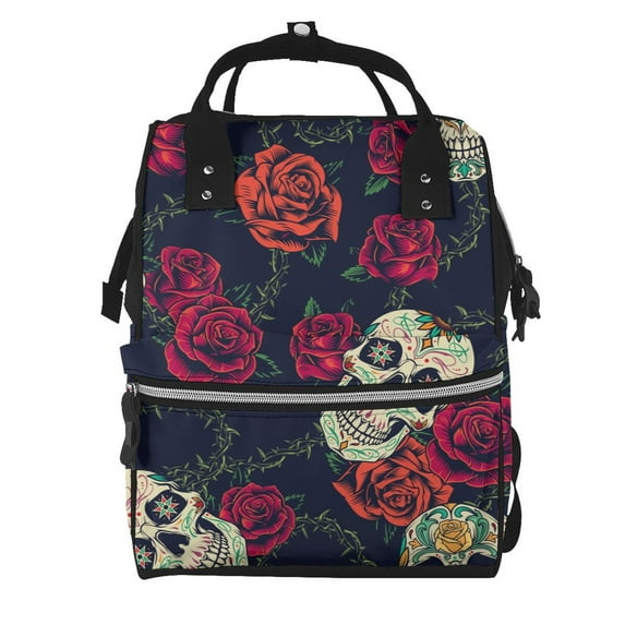 Xecao Roses Skulls print Large Capacity Nappy Bag is a multi-functional waterproof travel backpack, perfect as a nursing bag or mummy backpack for women