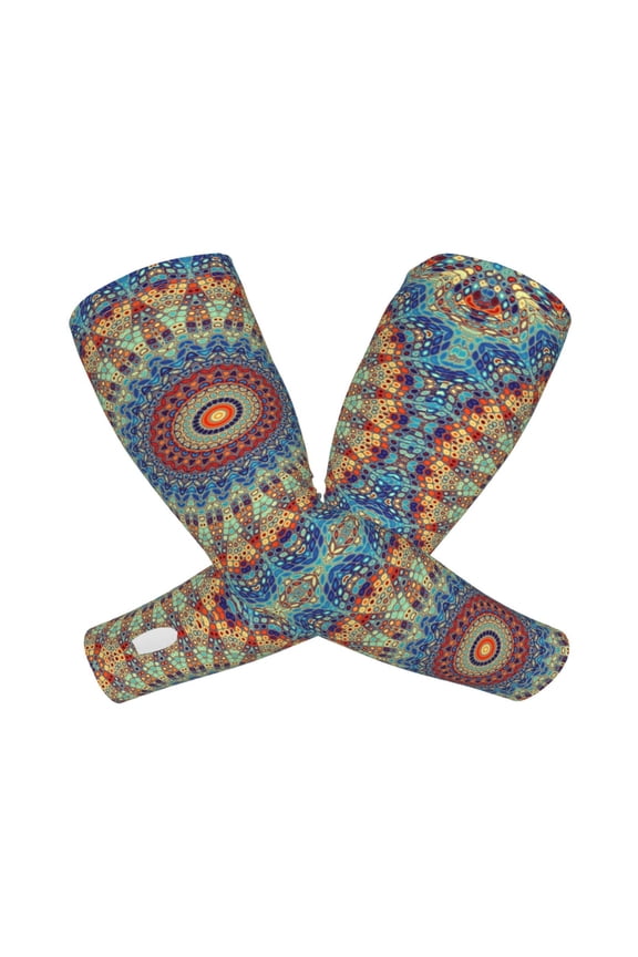 Round Mandala Print Cooling Arm Sleeves, UPF 50 UV Sun Protection Sports Compression ,Tattoo Cover Up ,Sports Sleeve for Basketball Golf Football