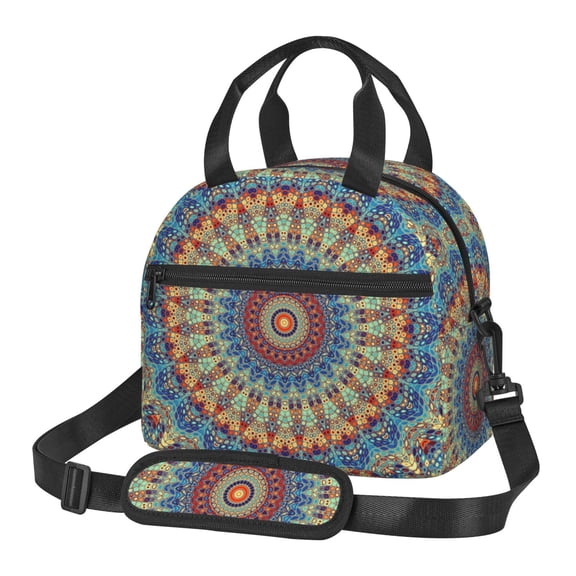 Xecao Round Mandala Print Insulated Lunch Box, Lunch Cags Lunch Bag Featuring An Adjustable Shoulder Strap