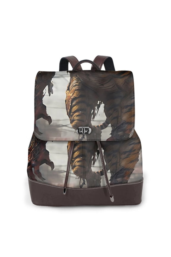 Ruins Tiger Warrior Print Large Backpack Soft Leather for Women Travel with Compartment, Adjustable Convertible Strap