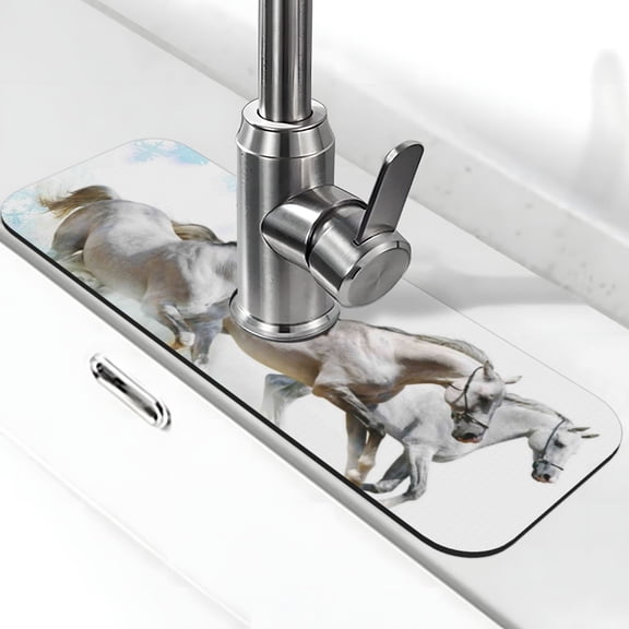Xecao Running White Horses for Kitchen Sink Splash Guard Faucet Mat , Faucet Guard & Draining mat, (15" X 5.5" )