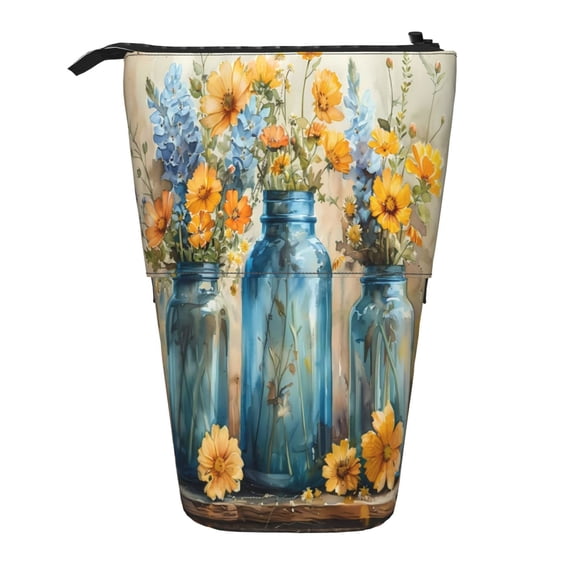 Xecao Rustic Blue Vase Blossoms Print Telescopic Pencil Bag Pen Holder Pop Up Stationery Case Stand-up Retractable Transformer Bag Standing Organizer