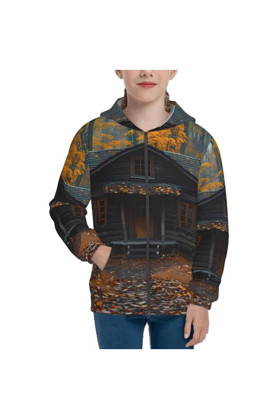 Rustic Cabin Autumn Forest Pattern Zip Up Hoodies for Boys Girls, Sweatshirt with Pockets-