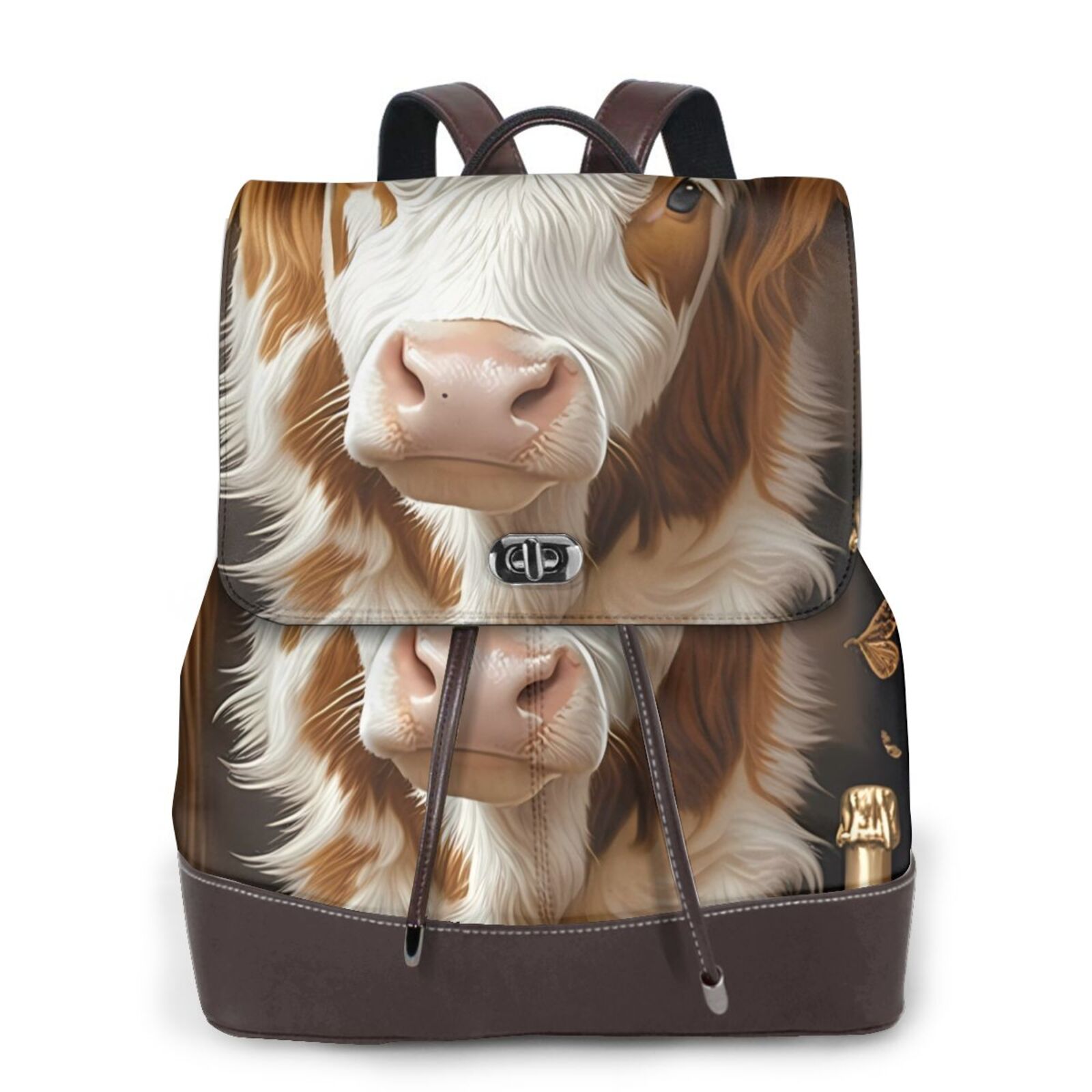 Xecao Rustic Cow Butterflies Champagne Print Large Backpack Soft Leather for Women Travel with Compartment, Adjustable Convertible Strap