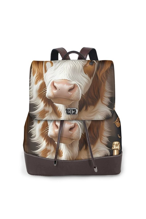 Rustic Cow Butterflies Champagne Print Large Backpack Soft Leather for Women Travel with Compartment, Adjustable Convertible Strap