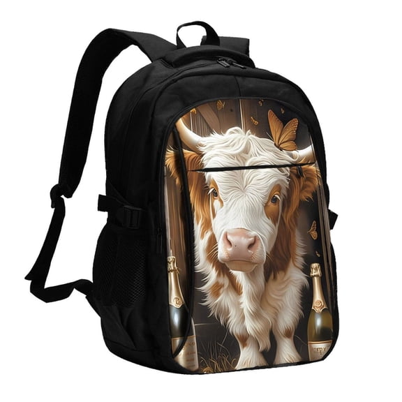 Xecao Rustic Cow Butterflies Champagne for Travel Laptop Backpack, USB-Charging-Enabled, Spacious Business Backpack for Men and Women,College School Computer Bag