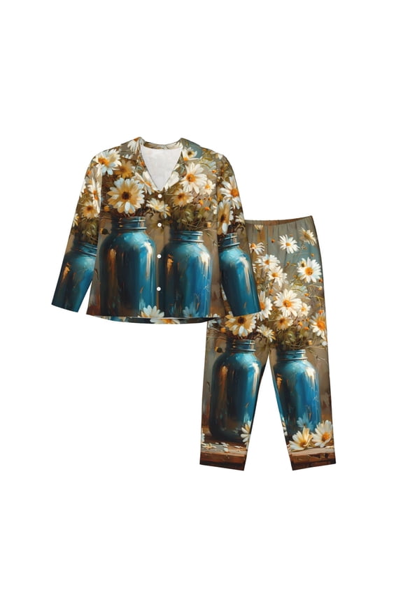 Rustic Daisy Mason Jars Print Women Pajamas Set Soft Sleepwear Pjs long Sleeve Button Down Nightwear with Long Pants