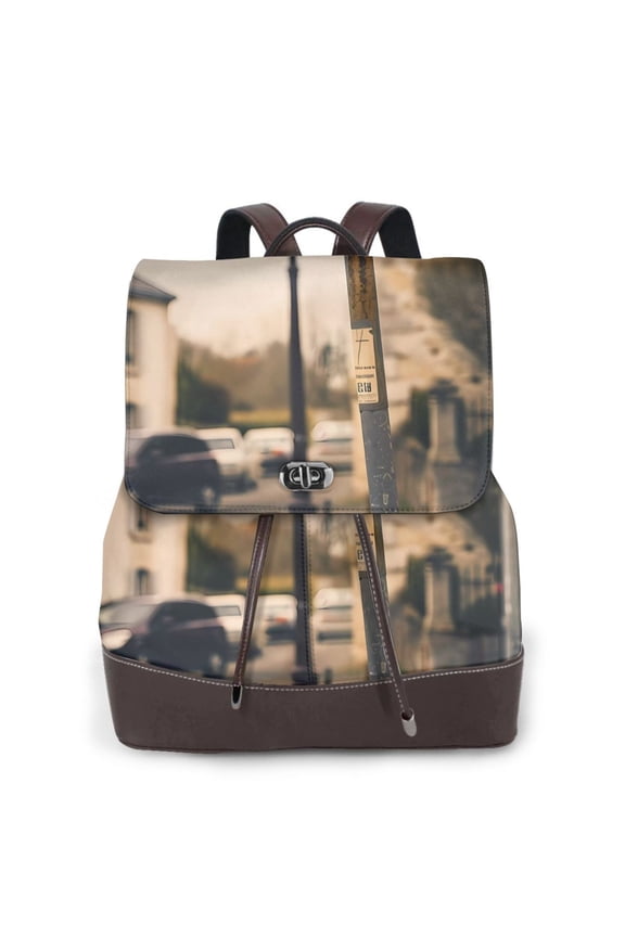 Rustic French Signpost Print Large Backpack Soft Leather for Women Travel with Compartment, Adjustable Convertible Strap