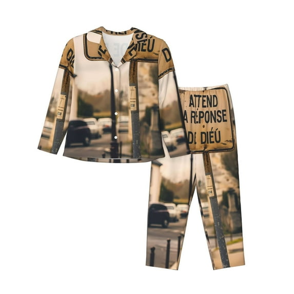 Xecao Rustic French Signpost Print Women Pajamas Set Soft Sleepwear Pjs long Sleeve Button Down Nightwear with Long Pants