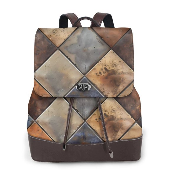 Xecao Rustic Tile Pattern Print Large Backpack Soft Leather for Women Travel with Compartment, Adjustable Convertible Strap