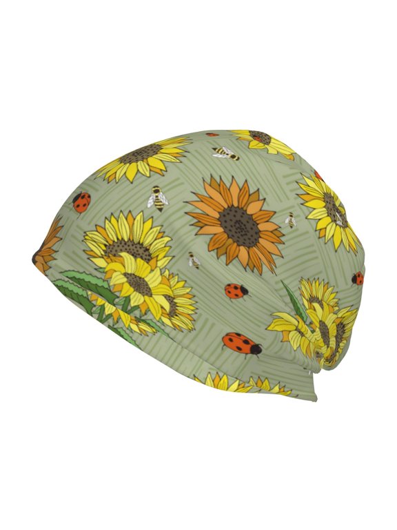 Sage Green With Sunflowers Print Knit Hat,Winter Beanie for Men Women, Beanie Soft Warm Ski Stocking Cuffed Cap