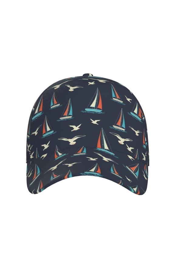 Sailboat And Seagull for Baseball Cap: Unisex, crafted from classic polyester twill fabric, featuring a soft unconstructed design