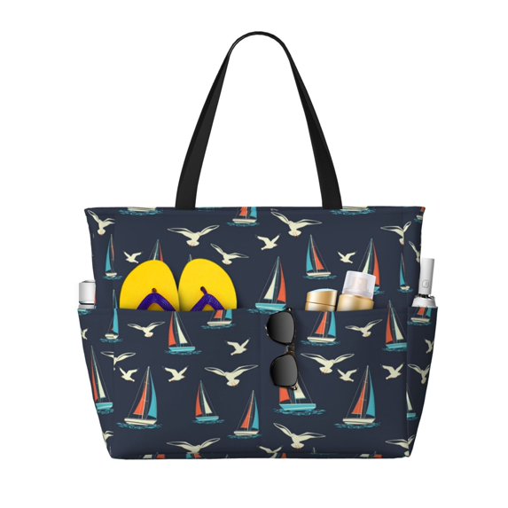 Xecao Sailboat And Seagull for versatile beach bag for women includes zipper pockets and waterproof material, ideal for vacations and adventures.
