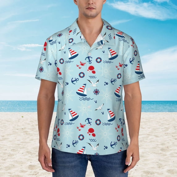 Xecao Sailboats Anchors print Hawaiian shirt - a stylish short-sleeve button-down for men, perfect for casual beach and tropical outings.