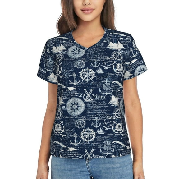 Xecao Sailing Cruises Nautical for Women's V-Neck T-Shirts-Elegant Half-Sleeve Tops Perfect for Summer-Small
