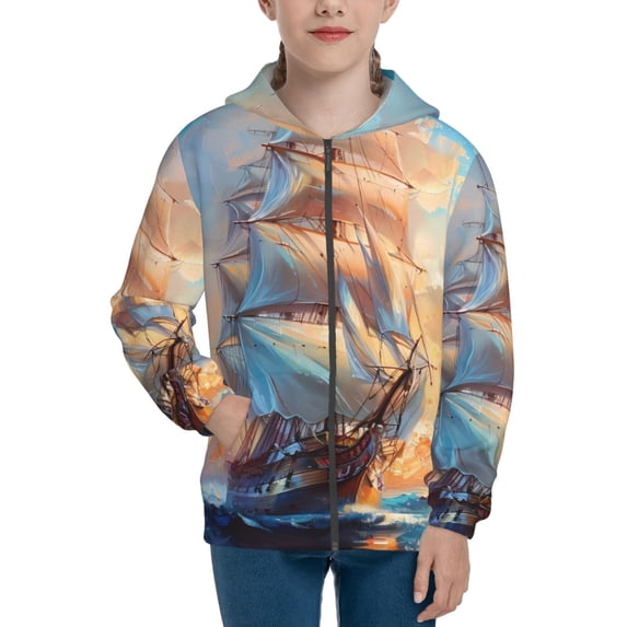 Xecao Sailing Ship Ocean Sunset Pattern Zip Up Hoodies for Boys Girls, Sweatshirt with Pockets-Small