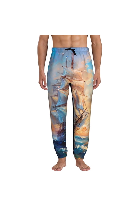 Sailing Ship Ocean Sunset Print Active Tech Joggers for Men, Mens Sweatpants Lounge Pants with Pockets-Small