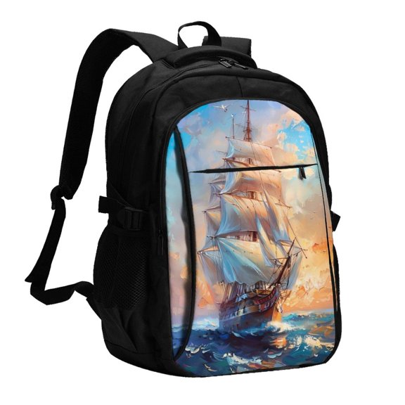 Xecao Sailing Ship Ocean Sunset for Travel Laptop Backpack, USB-Charging-Enabled, Spacious Business Backpack for Men and Women,College School Computer Bag