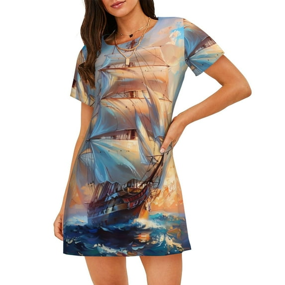 Xecao Sailing Ship Ocean Sunset for Women's Loose Nightgown Sleepwear Short Sleeves Shirt Casual Print Sleepdress