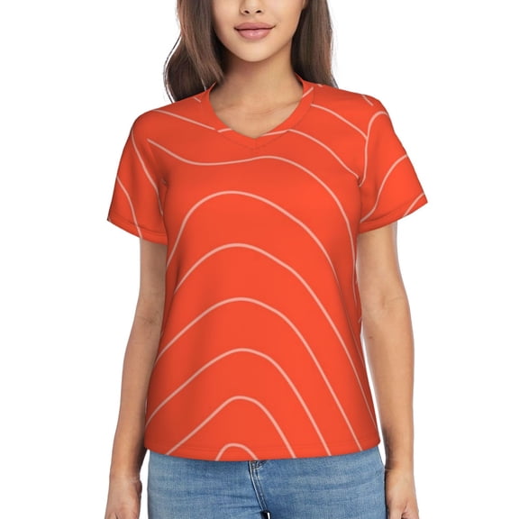 Xecao Salmon Fish Meat for Women's V-Neck T-Shirts-Elegant Half-Sleeve Tops Perfect for Summer-Small