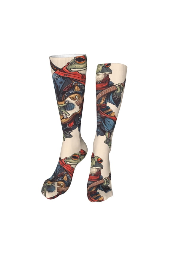 Samurai Frog Guitar Print Calf Socks Seamless Toe, Knee High Long Socks, Sports Socks Trouser Socks for Women and Men-One Size