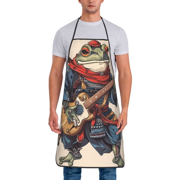 Xecao Samurai Frog Guitar Print Funny BBQ Chef Aprons for Men Women,Adjustable Kitchen Cooking Aprons with Pocket Waterproof Oil Proof No Pilling Fading
