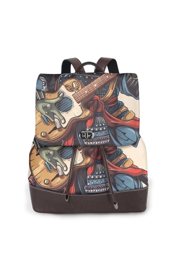 Samurai Frog Guitar Print Large Backpack Soft Leather for Women Travel with Compartment, Adjustable Convertible Strap
