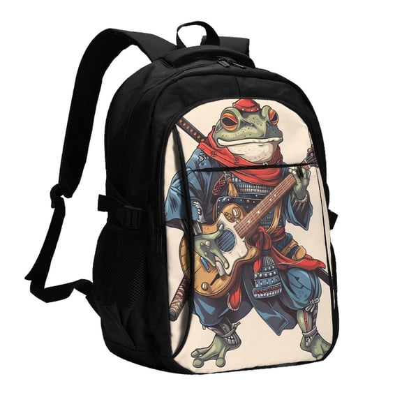 Xecao Samurai Frog Guitar for Travel Laptop Backpack, USB-Charging-Enabled, Spacious Business Backpack for Men and Women,College School Computer Bag