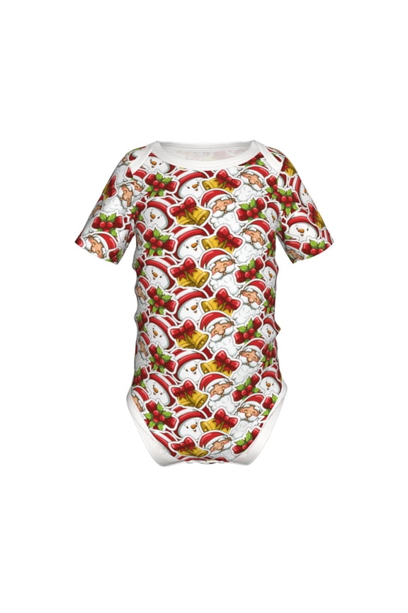 Santa Claus bells Snowman Pattern Baby Climbing Bodysuit Short Sleeve Onesie Unisex 0-12 Months Baby Shirt Newborn Outfits Crotch snap design-9M