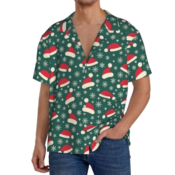 Xecao Santa Hat Joy Green Festive Men's Casual Short-sleeved Shirt, a button-up collared shirt with a pocket-Large
