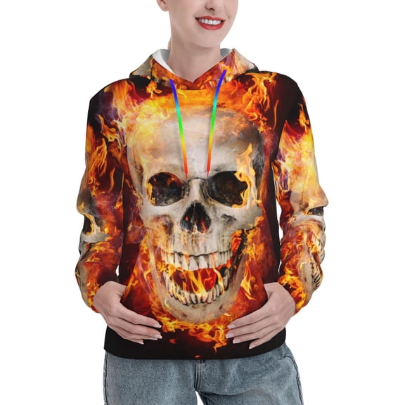 Xecao Satanic Skull Pattern Hoodies for Women Sweatshirts Long Sleeve Sweatshirts Pullover Outfits with Pocket-XX-Large