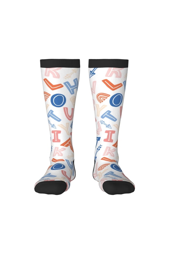 Scandinavian Alphabet print thigh-high socks, crafted for both men and women with a stretchy, high-opaque design perfect for daily wear