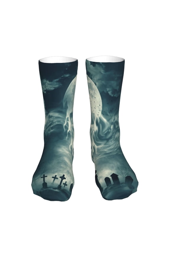 Scary Moon And Clouds Print Fashion No Heel Casual Crew Socks Cushioned Breathable for Men Women - Moisture wicking,Not easy to fade Suitable for daily