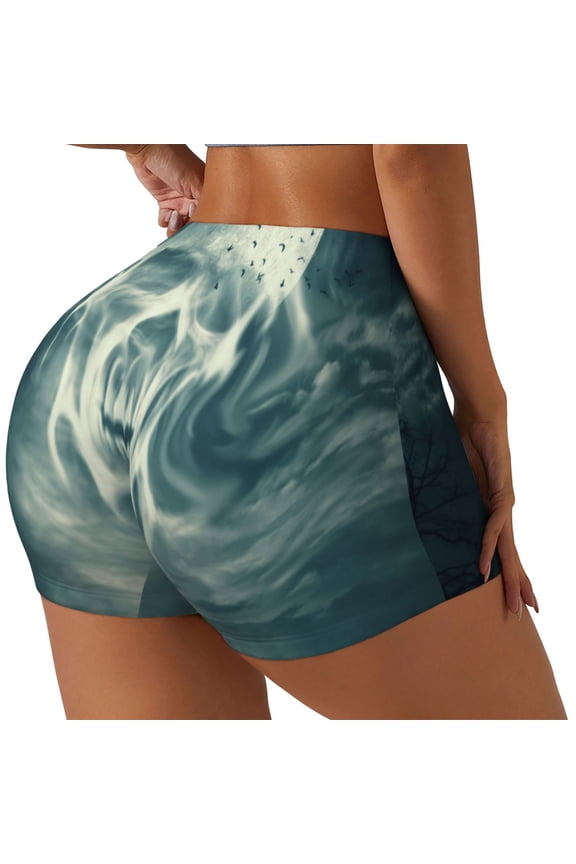 Scary Moon And Clouds Print Workout Shorts for Women Soft Smooth Gym Yoga Scrunch Active Tennis Workout Running Shorts-Medium