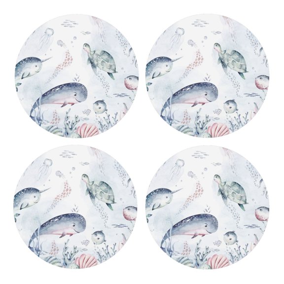 Xecao Sea Animals for MDF Cork Coaster 4 Pcs,Drink Coasters,Suit for House Warming Gifts New Home ,Coffee Table Decor-Round Shape
